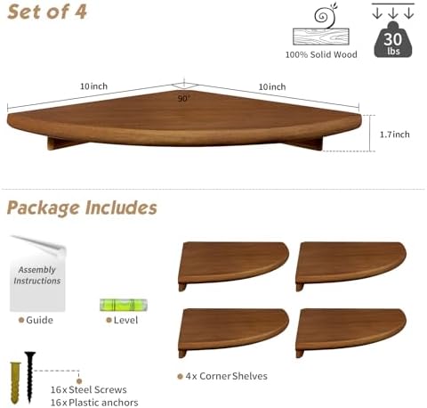 Forbena Walnut Brown Floating Corner Shelves for Wall 4-Pack, Small Corner Wall Shelves for Kids Room, Cute Wooden Hangi