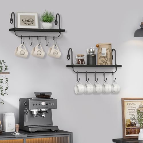 Olakee Floating Wall Shelves for Kitchen Bathroom Coffee Nook with 10 Adjustable Hooks for Mugs Cooking Utensils or Towe