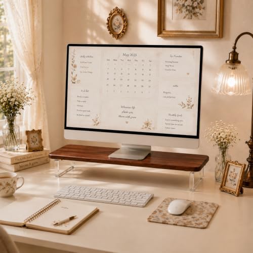 Bamboo Monitor Riser, Wide Desktop Monitor Stand for Desk with Clear Acrylic Legs, 31.5 x 8" Bamboo Wood Shelf, Fit Keyb