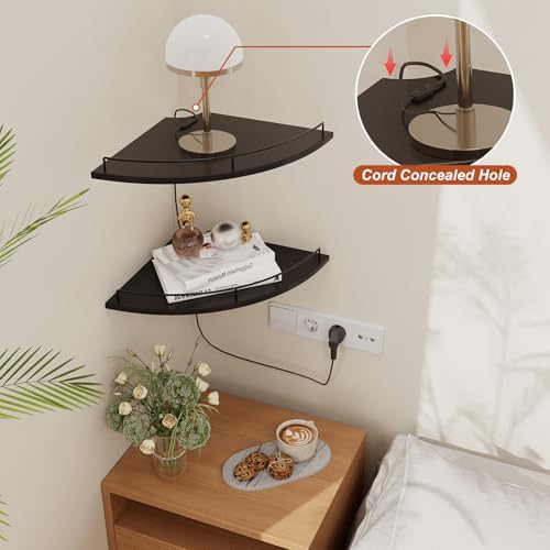 JJL Corner Shelf Wall Mounted, 12 Inches 2-Tier Floating Corner Shelf, Fan-Shaped Rustic Wood Decor with Fence, Black Wa