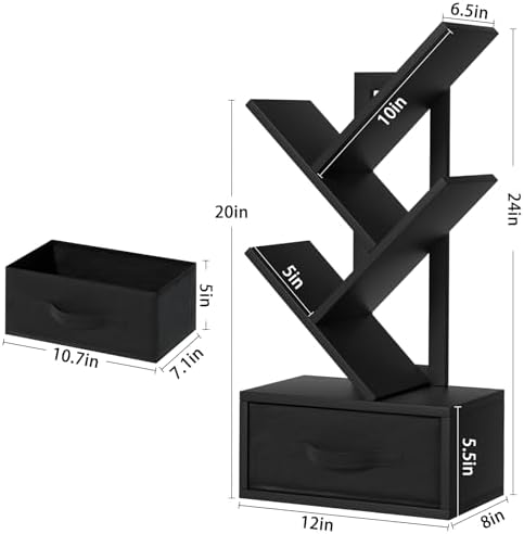 SHEEPAM 4-Tier Tree Bookshelf Small Bookcase with Drawer