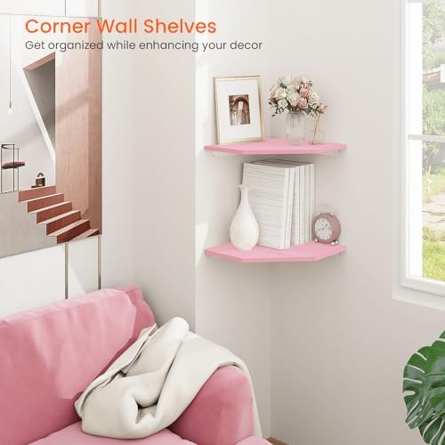 Homode Corner Floating Shelves, Corner Wall Shelf with Cord Hole, 2 Tier Wood Hanging Corner Shelf for Bathroom, Bedroom