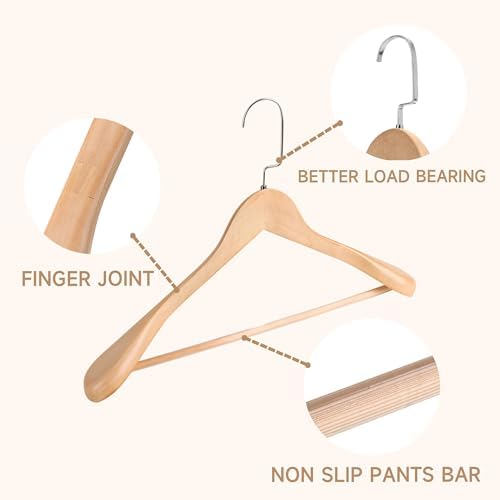 17.5" Wooden Suit Hangers, Non Slip Pants Bar, Natural Wood, 6-Pack