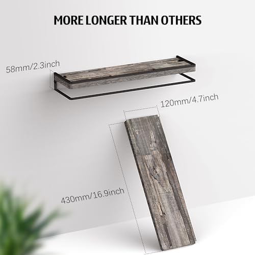 Meangood Floating Shelves Wall Mounted Set of 2, Wall Shelf with Towel Bar Rustic Wood Wall Storage Shelves for Bedroom,