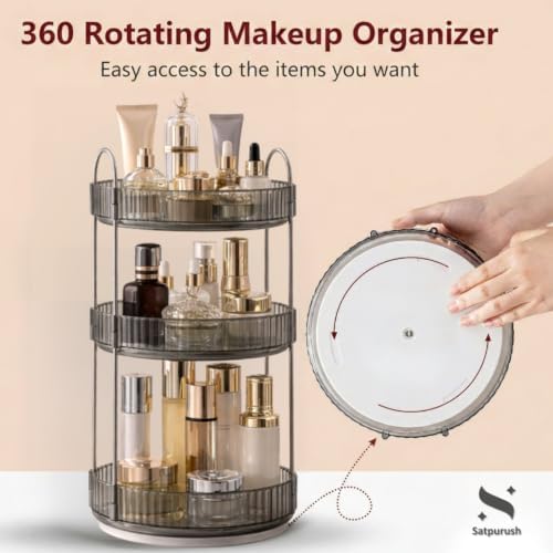 360° Rotating Makeup Organizer, 3 Tier Spinning Cosmetic Organizer for Vanity & Bathroom Countertop, Holds Tall Skincare