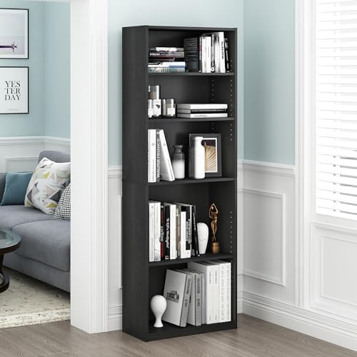 Furinno Jaya 5-Tier Book Shelf Set of 2, Adjustable Shelf, Black