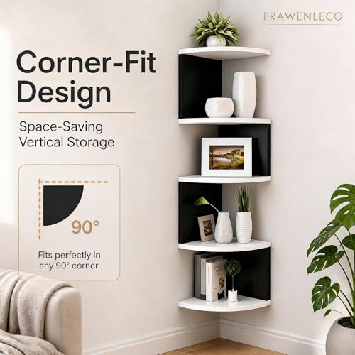 No-Drill Corner Shelf Wall Mount, 5-Tier Floating Corner Bookshelf with Hooks, Space-Saving Zigzag Plant Shelf for Bedro
