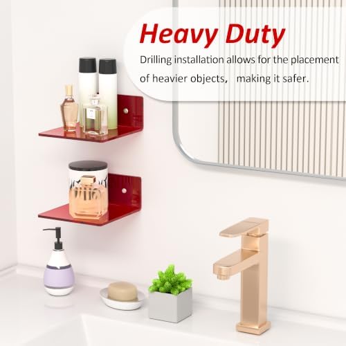Sezanrpt 6 Inches Acrylic Small Wall Shelves, Red Floating Shelf for Wall Mounting, Acrylic Display Ledges for Funko Pop Figures, Home Décor, Living Room, Gaming Room, Plants, 2 Pack