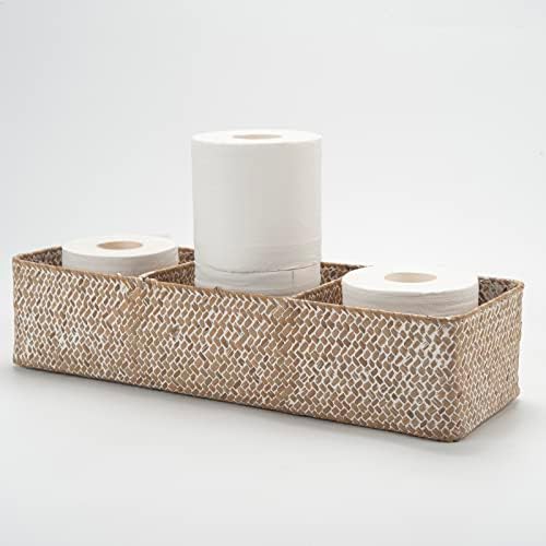 Whitewash Seagrass Toilet Paper Basket 3 Sections 16.5 x 5.5 x 3.5inch