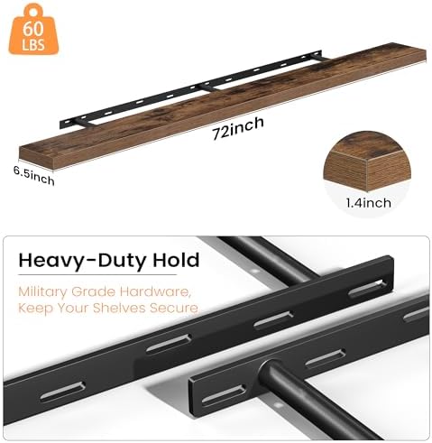 72 Inch Floating Shelves for Wall, Rustic Wood Wall Mounted Deep Storage Shelves with Invisible Brackets, Panoramic Deco