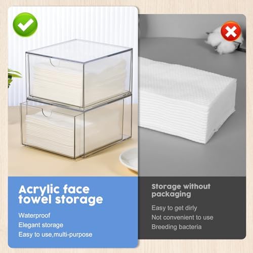 Rainmae 2 Pack Disposable Face Towel Holder, Face Towel Storage Box, Stackable Clear Makeup Organizer with Drawer for Cl