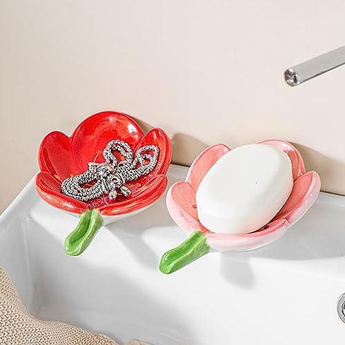 Ceramic Tulip Shaped Pink Soap Dish for Shower, Kitchen, Bedroom