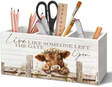Inspirational Highland Cow Pen Holder Organizer for Desk Accessories, Live Like Someone Left the Gate Open Wooden Box Sign Desk Decorations for Home Bedroom Office Decor, Highland Cow Gifts