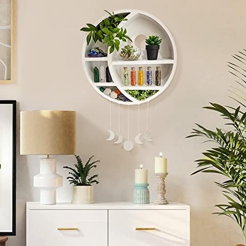 Wooden Crescent Moon Shelf - Round Wall Crystal Shelf, Witchy Circle Decor