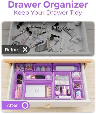 BiuLeon 25 PCS Plastic Drawer Organizers Set, 4-Sizes Vanity and Makeup Organizer, Desk and bathroom Drawer Organizer Trays, Organizers and Storage for Makeup, Jewelry, Gadgets, Utensils (Purple)