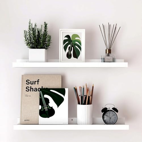 White Floating Shelves for Wall Decor, 24 in Shelf with Lip Set of 2