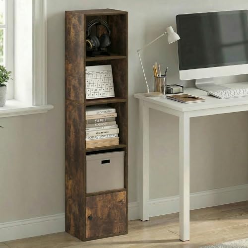 Furinno LUDER Book Shelf, 5-Tier Bookshelf with Open Shelf, Standing Bookcase with 1 Door Cabinet, 9.3 x 12 x 52, for Or