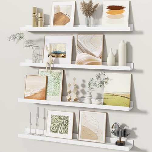 Fun Memories Picture Ledge Shelves Set of 4, 32 Inch Rustic Wall Mounted Floating Shelves with Lip for Home Storage and 