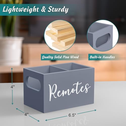 DRASTAR Remote Control Holder, Wood TV Remote Holder, Remote Storage Caddy, Remote Control Organizer (Gray, 2 Slots)