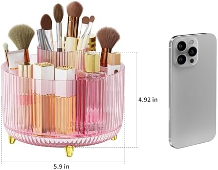 Clear Rotating Makeup Organizer Countertop for Vanity, 360° Makeup Brush Holder Organizer with 5 Compartments, Transpare