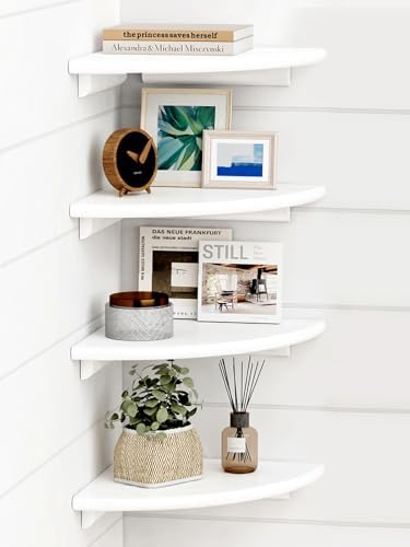 Forbena White Corner Floating Shelves for Wall Set of 4, Rounded Corner Shelves Wall Mounted for Kids Bedroom Books, Cut