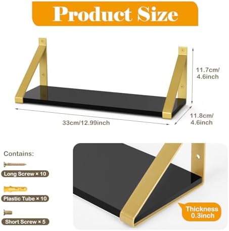 Gold Black Floating Shelves Wall Mounted Set of 2, 8mm Transparent Acrylic, Invisible Wall Shelves for Bedroom, Living R