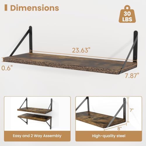 Heimlove Floating Book Shelves for Wall,23.6 Inches Wall Bookshelf Mounted Display&Storage Wood Shelves for Kitchen Bath