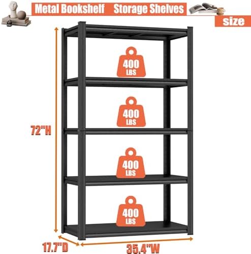 Metal Bookshelf, 5 Tier Adjustable Bookcase with Bolt-Free Storage Shelves