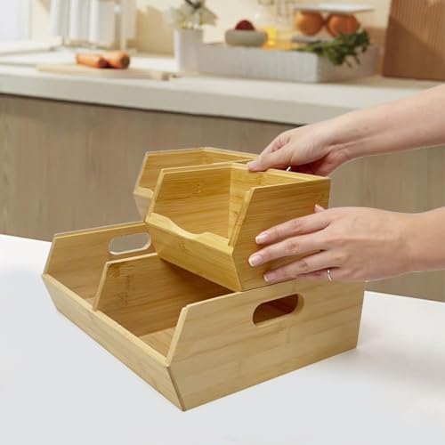 MinBoo Bamboo Stackable Pantry Storage Bins Potato and Onion Storage,Fruit Basket for Pantry Organization,Fruit Bowl for