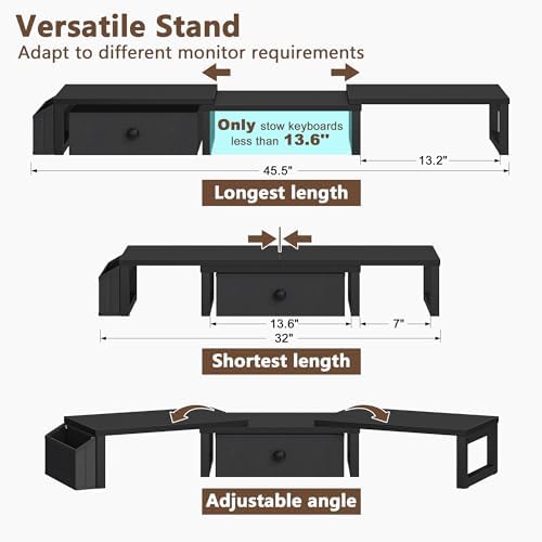 LAND·VOI Dual Monitor Stand with Drawer and Side Pockets, Monitor Riser for Desk, Home Office Desk Storage, Multi-Scenar