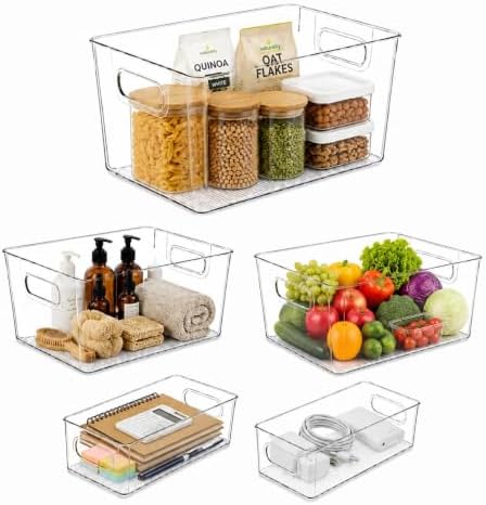 Set of 5 Stackable Fridge Organizers and Storage Bins, 2 Small, 2 Medium & 1 Large Clear Plastic Pantry Organizer Bins w