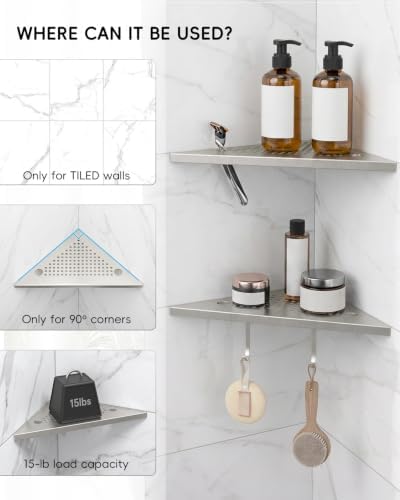 Corner Shower Shelves with Razor Slot & 2 Hooks, 10" Stainless Steel Recessed Triangle Shelf Racks for Bathroom, Grout i