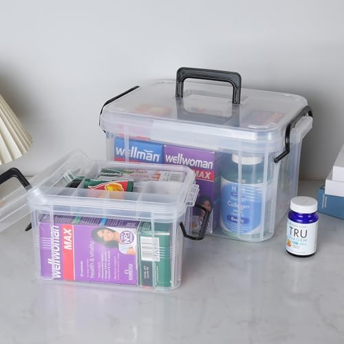2-Tier Medicine Organizer - Plastic Portable Storage Box with Handle Clear