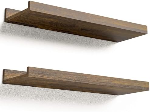 Boswillon Floating Shelves Set of 2, Small Wall Shelf with Lip, 16in, Brown