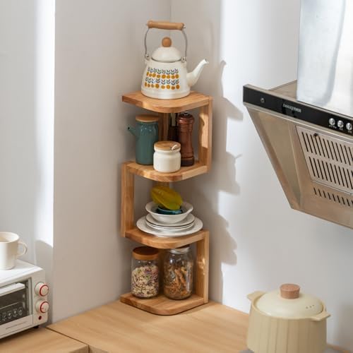 Corner Shelf Stand Desk Organizer,26.8" H Rubberwood Brown Rack for Small Spaces, Bedroom,Home Office,Kitchen,Bathroom (