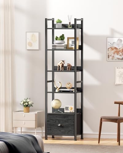Furologee 6 Tier Bookshelf with Drawer, Tall Narrow Bookcase, Black Oak
