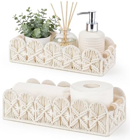 Mkono Macrame Storage Basket, Toilet Paper Holder Boho Decor, 2 Pack Ivory