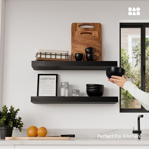 Solid Wood Floating Shelves for Wall 24 inch Black, Wooden Bathroom Shelf