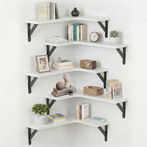 Set of 5 Corner Floating Shelves, Rustic Wood Shelves, White
