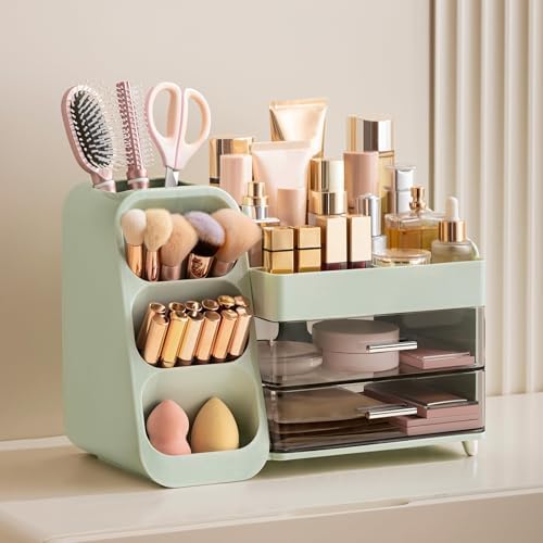 HBlife Makeup Organizer with Brush Holder for Vanity, Large Plastic Bathroom Countertop Organizer Skin Care Storage, Eas