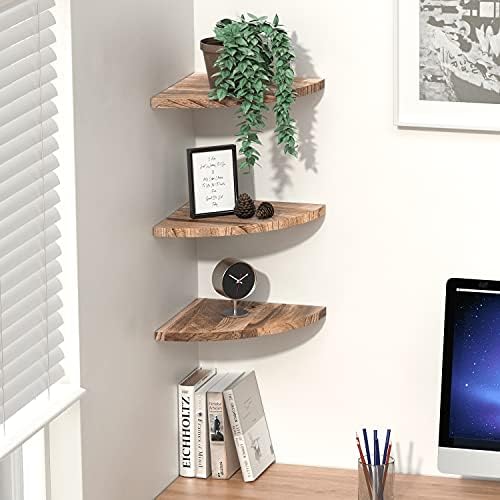 Wall Mounted Rustic Wood Round Edge Corner Shelf Storage Rack, Bookcase, Floating Shelves Home Decor for Bedroom, Living