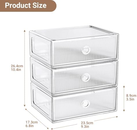 3 Tier Clear Makeup Drawer, PET Cosmetic Storage Organizer for Dresser, Countertop & Bathroom Vanity, Holders for Lipsti