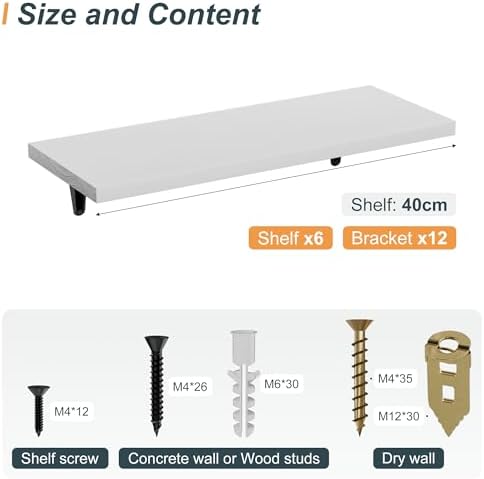 SKYSEN Floating Shelves for Wall Set of 6, 15.7in Wood Wall Shelf for Decor, Bathroom, Bedroom, Storage, Book,Kitchen, L