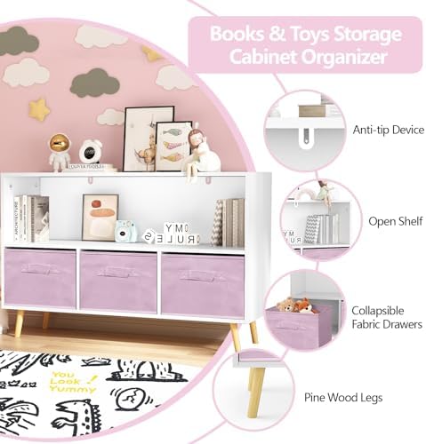 Girls Bookshelf Kids Bookcase with Collapsible Fabric Drawers, Pink Bookshelf Children's Book Display,Toy Storage Cabine