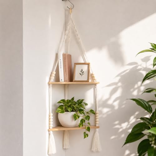 Artilady Macrame Wall Hanging Corner Shelf, Adjust Boho Storage Wall Decor