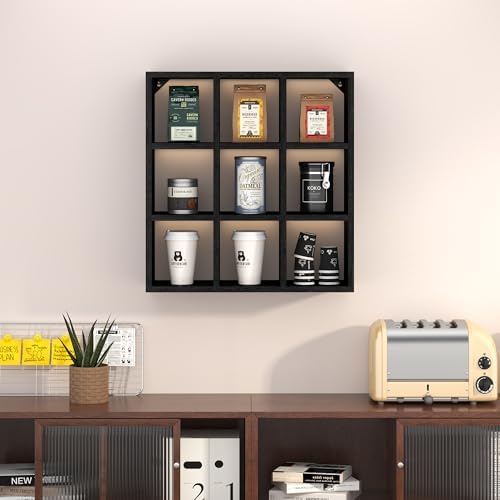 Helsin 9 Grid Vintage Coffee Mug Display Rack, 16inch Wall Mounted Wooden Curio Shadow Box Shelf, Cup Floating Shelves D