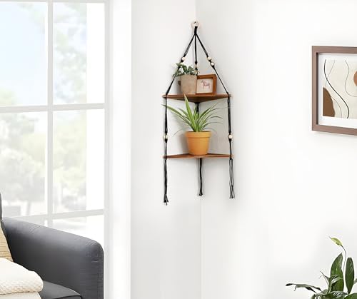 Artilady Corner Shelf Macrame Wall Hanging Balck, Boho Wood Storage Decor