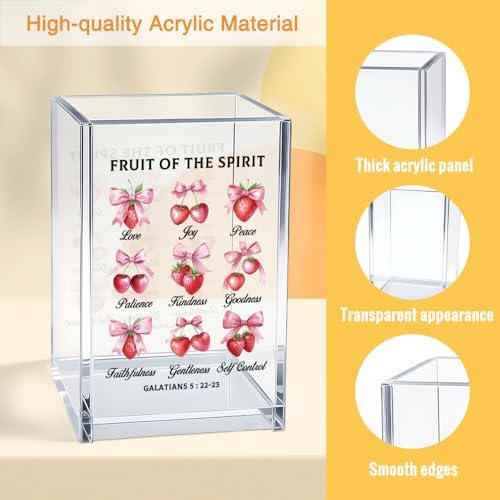 Fruit of The Spirit Acrylic Cosmetic Pencil Pen Holder Cup, Christian Faith-Based Gifts for Mom Grandma Aunt Daughter Women, Spiritual Growth Gifts for Colleague Coworker Boss Leader Lady
