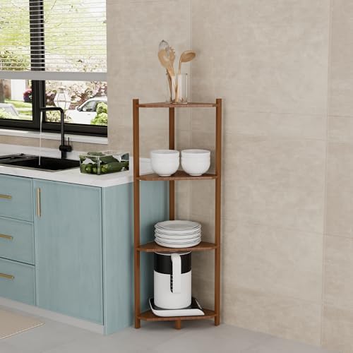 Wisuce Bamboo Small Corner Shelf Stand, 4-Tier Brown Corner Bookshelf