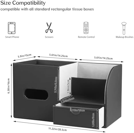 PU Leather Tissue Box Cover Square with Drawer Storage and Tray on Top